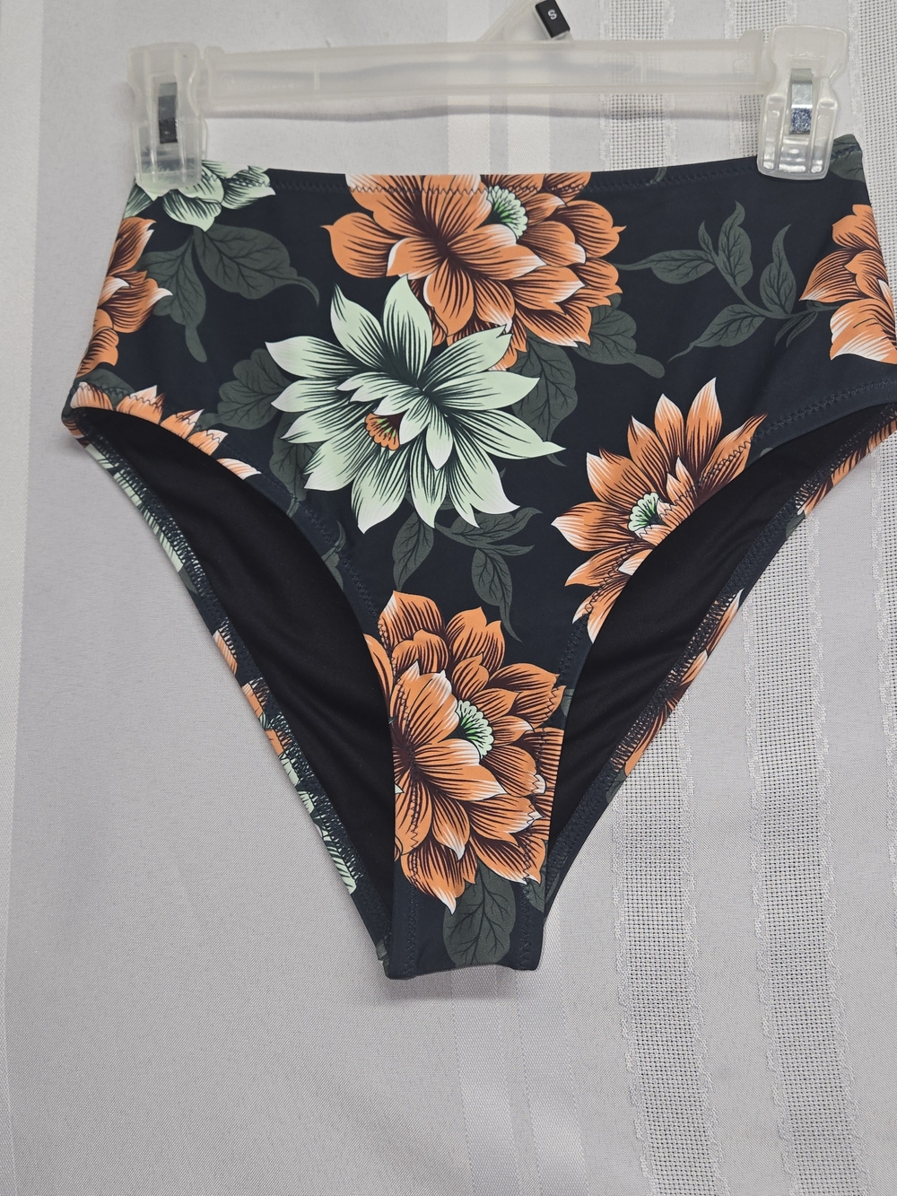 High-Waist Floral Swim Bottoms - Black with Orange & Mint Flowers Size Small